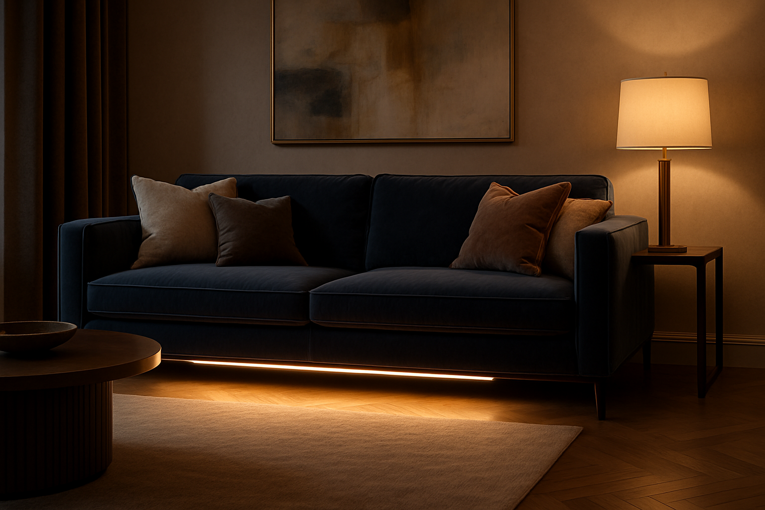 i need a picture of led sensor light bar under a sofa making it look luxurious and cozy
